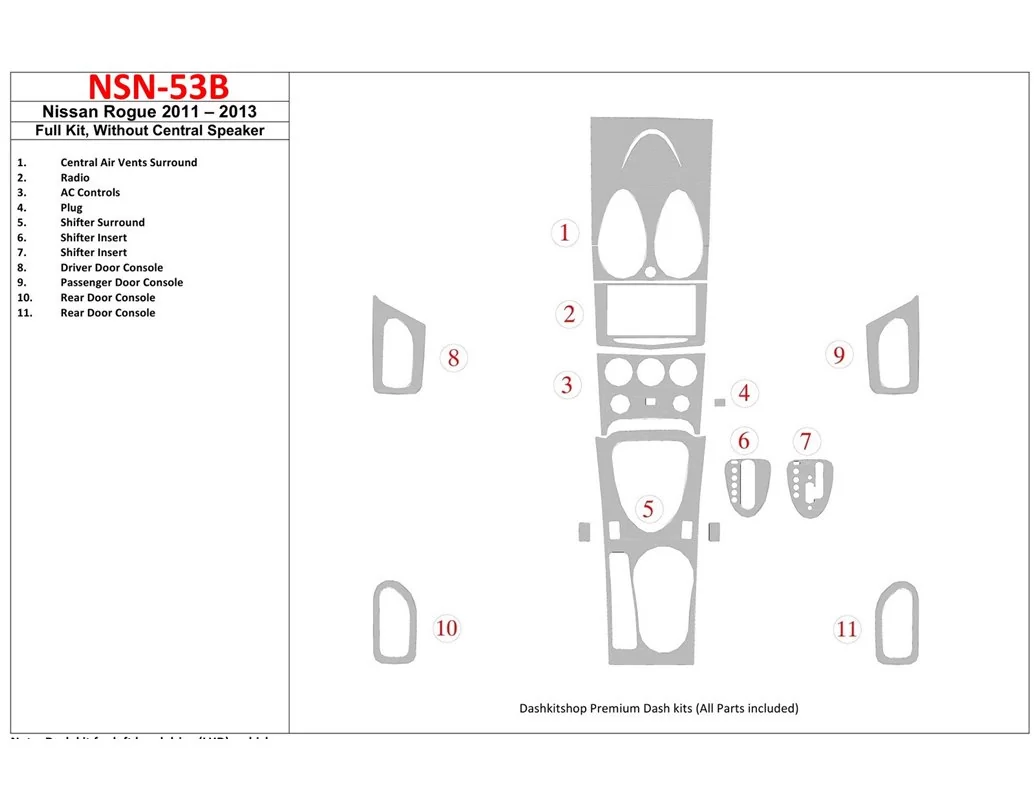 Nissan Roque 2011-UP Full Set, Without Center Speaker Interior BD Dash Trim Kit - 1 - Interior Dash Trim Kit