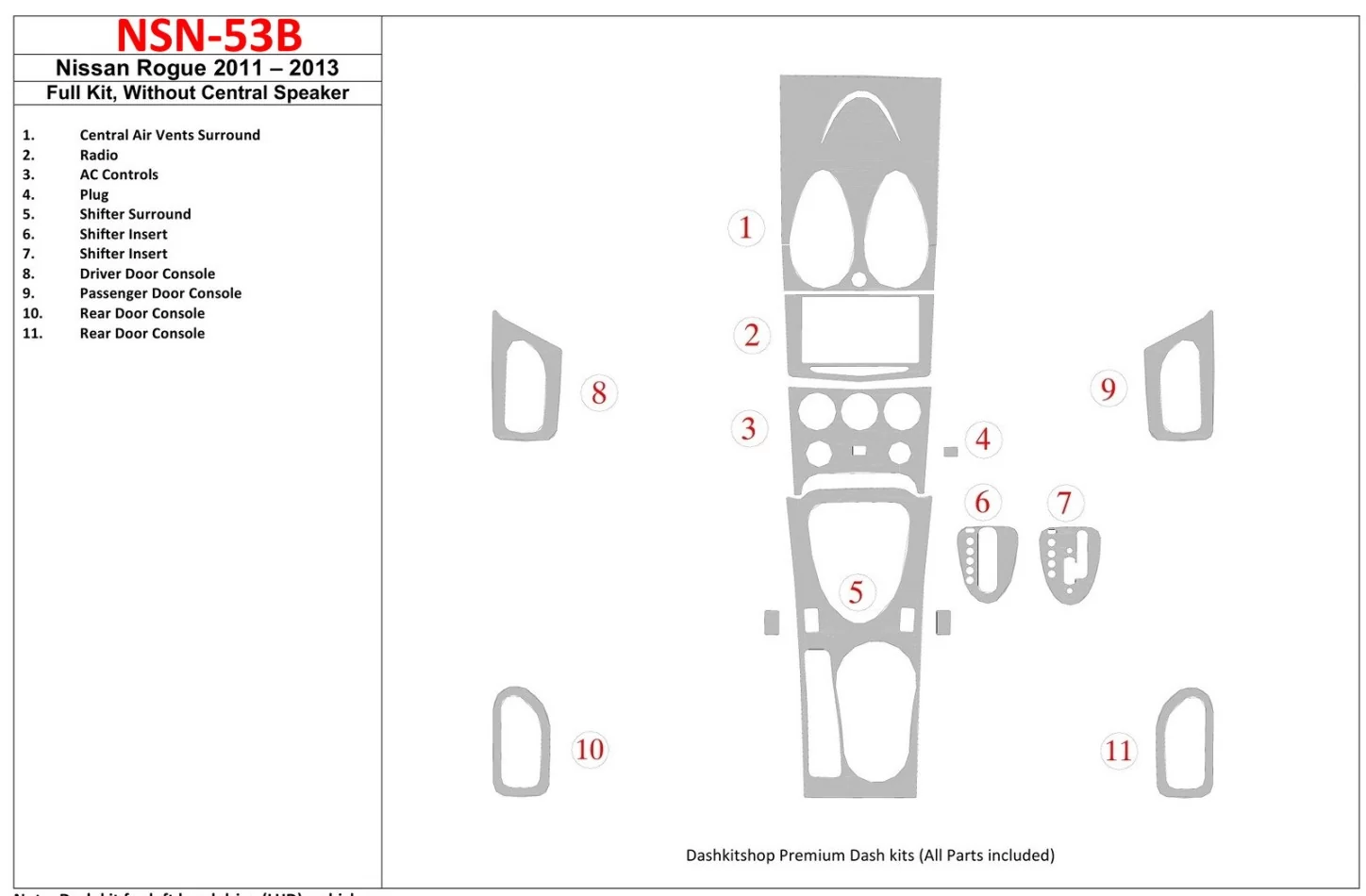 Nissan Roque 2011-UP Full Set, Without Center Speaker Interior BD Dash Trim Kit - 1 - Interior Dash Trim Kit