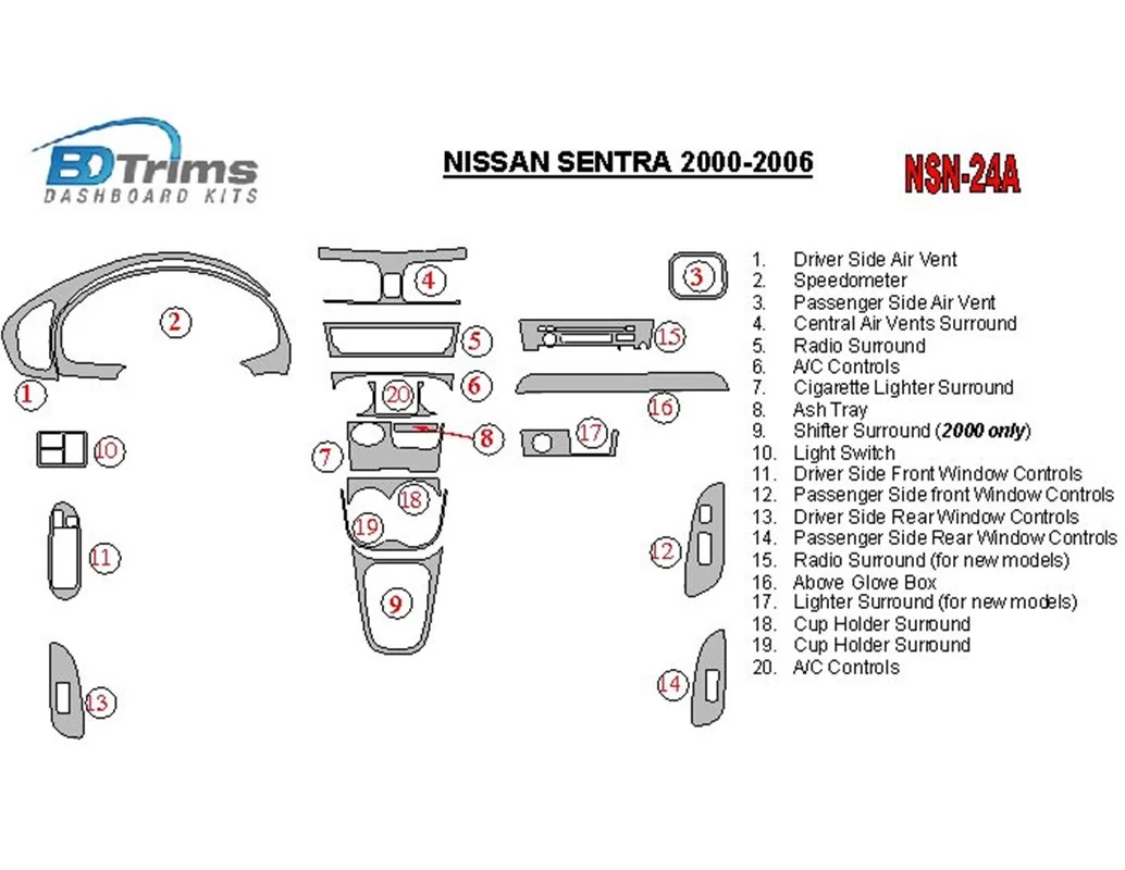 Nissan Sentra 2000-2006 Full Set Interior BD Dash Trim Kit - 1 - Interior Dash Trim Kit