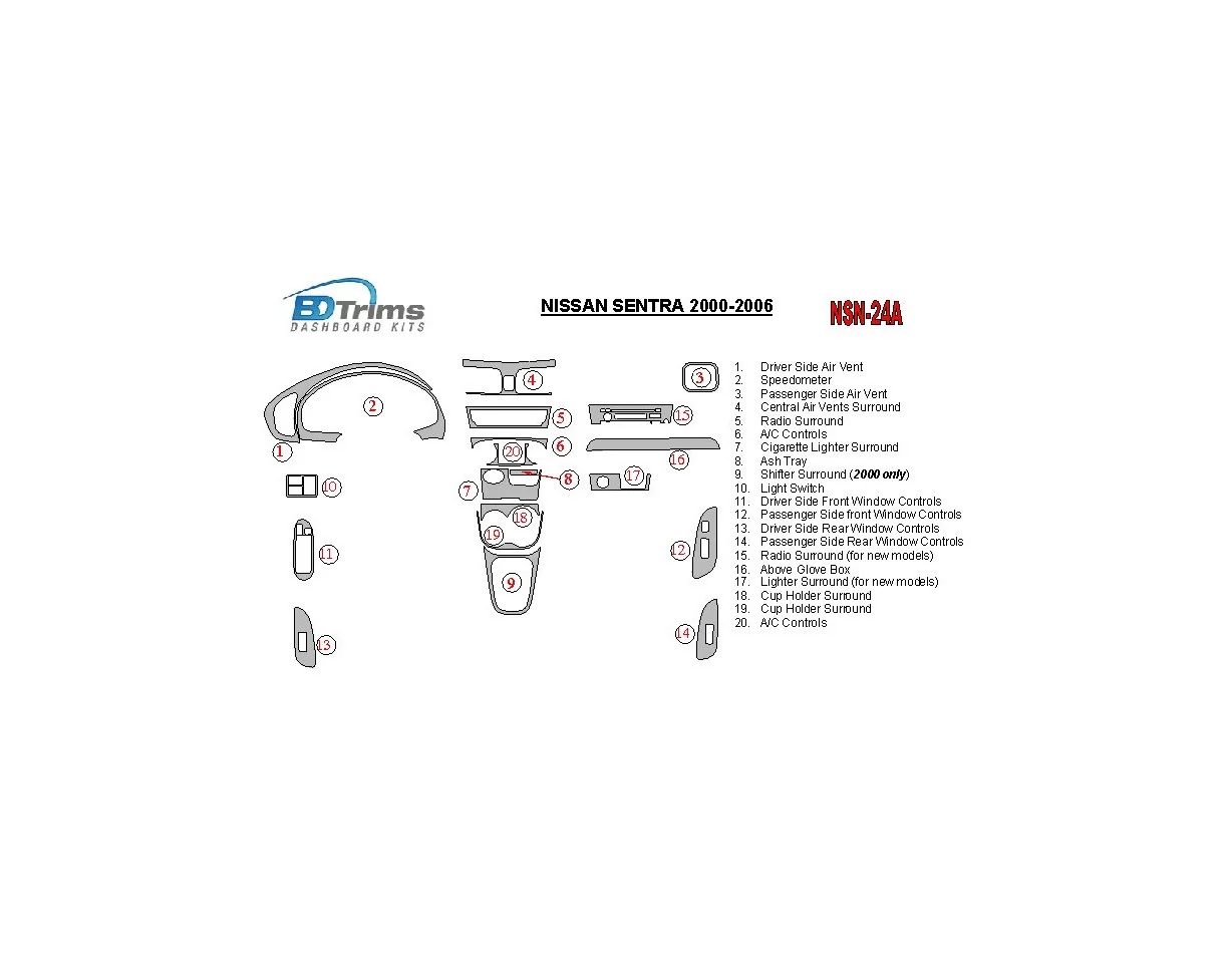 Nissan Sentra 2000-2006 Full Set Interior BD Dash Trim Kit - 1 - Interior Dash Trim Kit