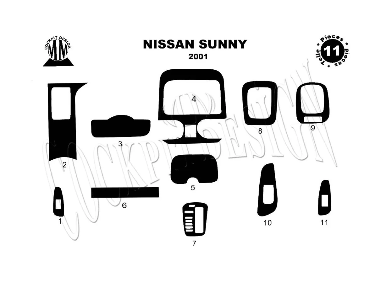 Nissan Sunny 01.2001 3D Interior Dashboard Trim Kit Dash Trim Dekor 11-Parts - 1 - Interior Dash Trim Kit