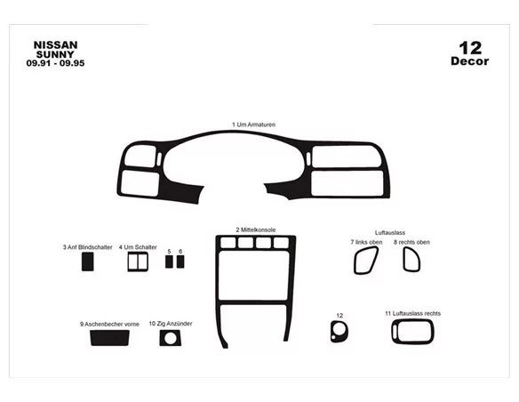 Nissan Sunny 09.91-09.95 3D Interior Dashboard Trim Kit Dash Trim Dekor 12-Parts