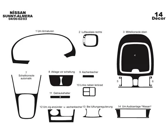 Nissan Sunny-Almera Arabian 04.00-02.03 3D Interior Dashboard Trim Kit Dash Trim Dekor 14-Parts - 1 - Interior Dash Trim Kit