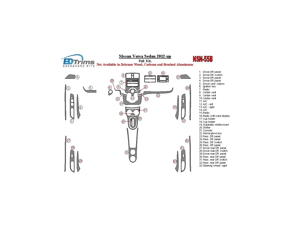 Nissan Versa 2012-UP Full Set Interior BD Dash Trim Kit - 1 - Interior Dash Trim Kit
