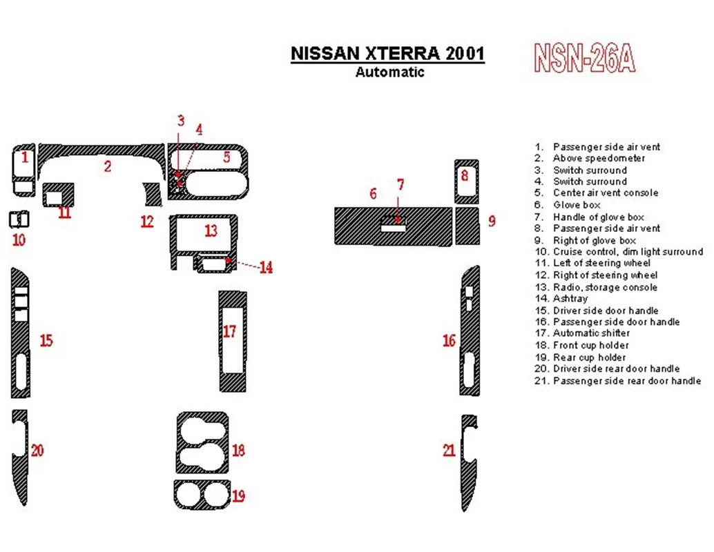 Nissan Xterra 2001-2001 Automatic Gearbox 21 Parts set Interior BD Dash Trim Kit - 1 - Interior Dash Trim Kit