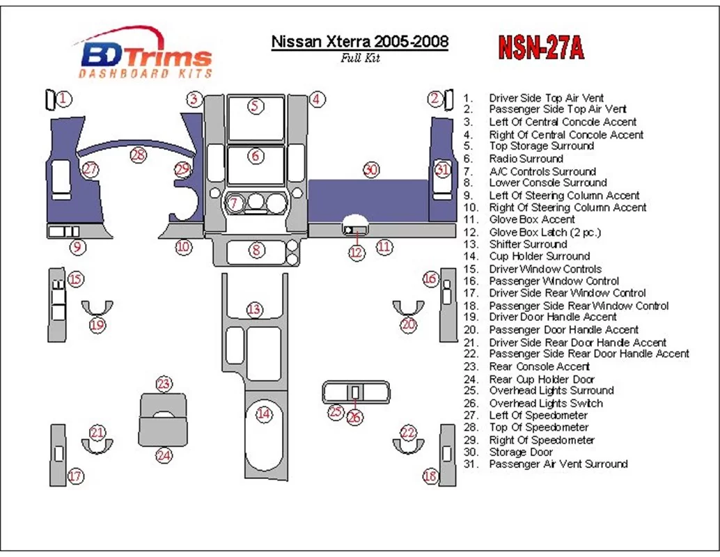 Nissan Xterra 2005-2008 Full Set Interior BD Dash Trim Kit - 1 - Interior Dash Trim Kit