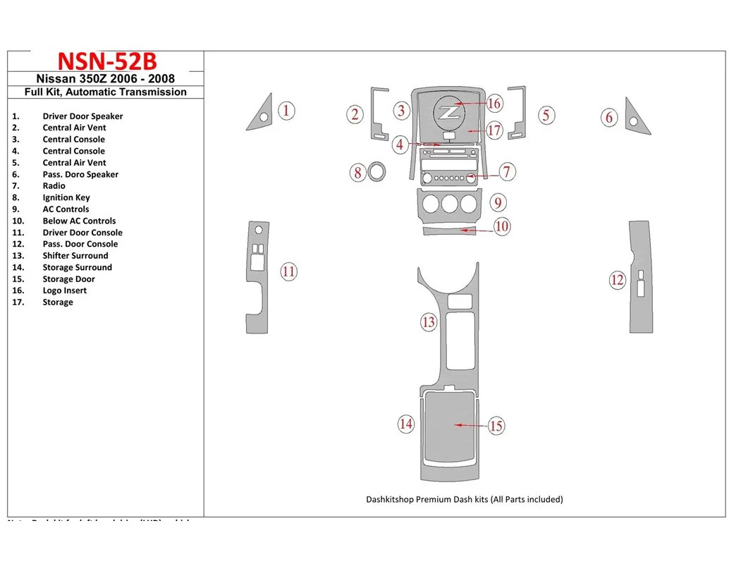 Nissan Z350 2006-2008 Full Set, Automatic Gear Interior BD Dash Trim Kit - 1 - Interior Dash Trim Kit