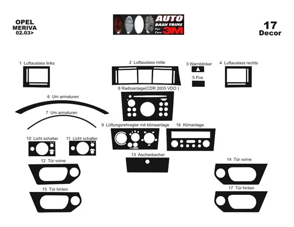 Opel Meriva 02.03-12.07 3D Interior Dashboard Trim Kit Dash Trim Dekor 17-Parts