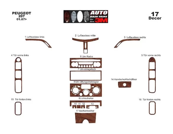 Peugeot 207 01.2007 3D Interior Dashboard Trim Kit Dash Trim Dekor 17-Parts