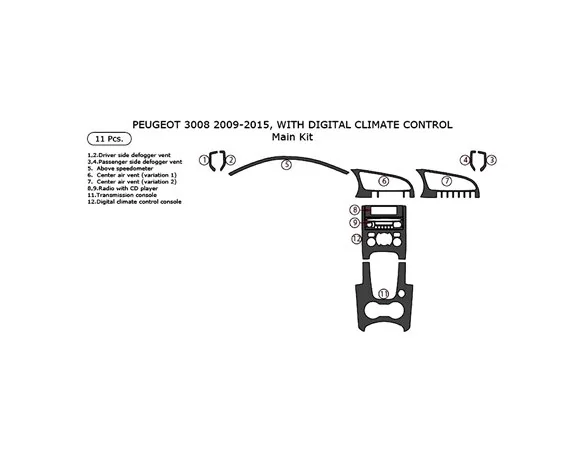 Peugeot 3008 2009–2016 3D Interior Dashboard Trim Kit Dash Trim Dekor 11-Parts
