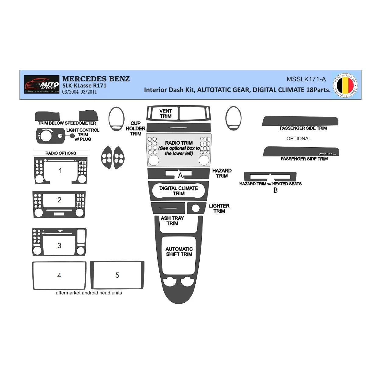 Mercedes SLK (R171) 2004-2010 3D Interior Dashboard Trim Kit Dash Trim Dekor 18-Parts