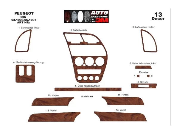 Peugeot 306 03.93-04.97 3D Interior Dashboard Trim Kit Dash Trim Dekor 13-Parts