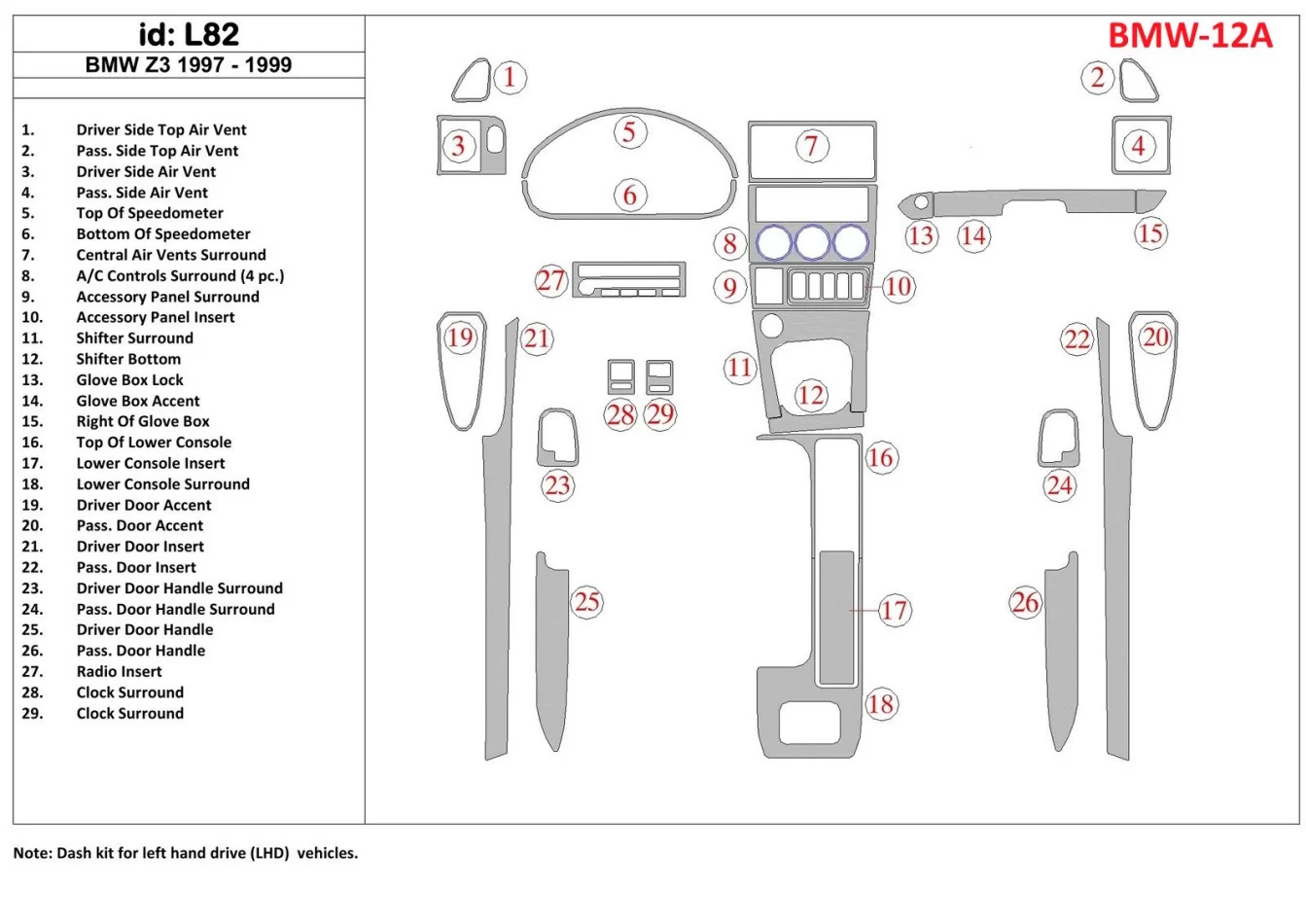 BMW Z3 1997-1999 Full Set Interior BD Dash Trim Kit - 1 - Interior Dash Trim Kit