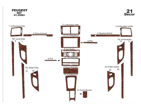 Peugeot 407 Doors 06.05-12.10 3D Interior Dashboard Trim Kit Dash Trim Dekor 21-Parts - 1 - Interior Dash Trim Kit