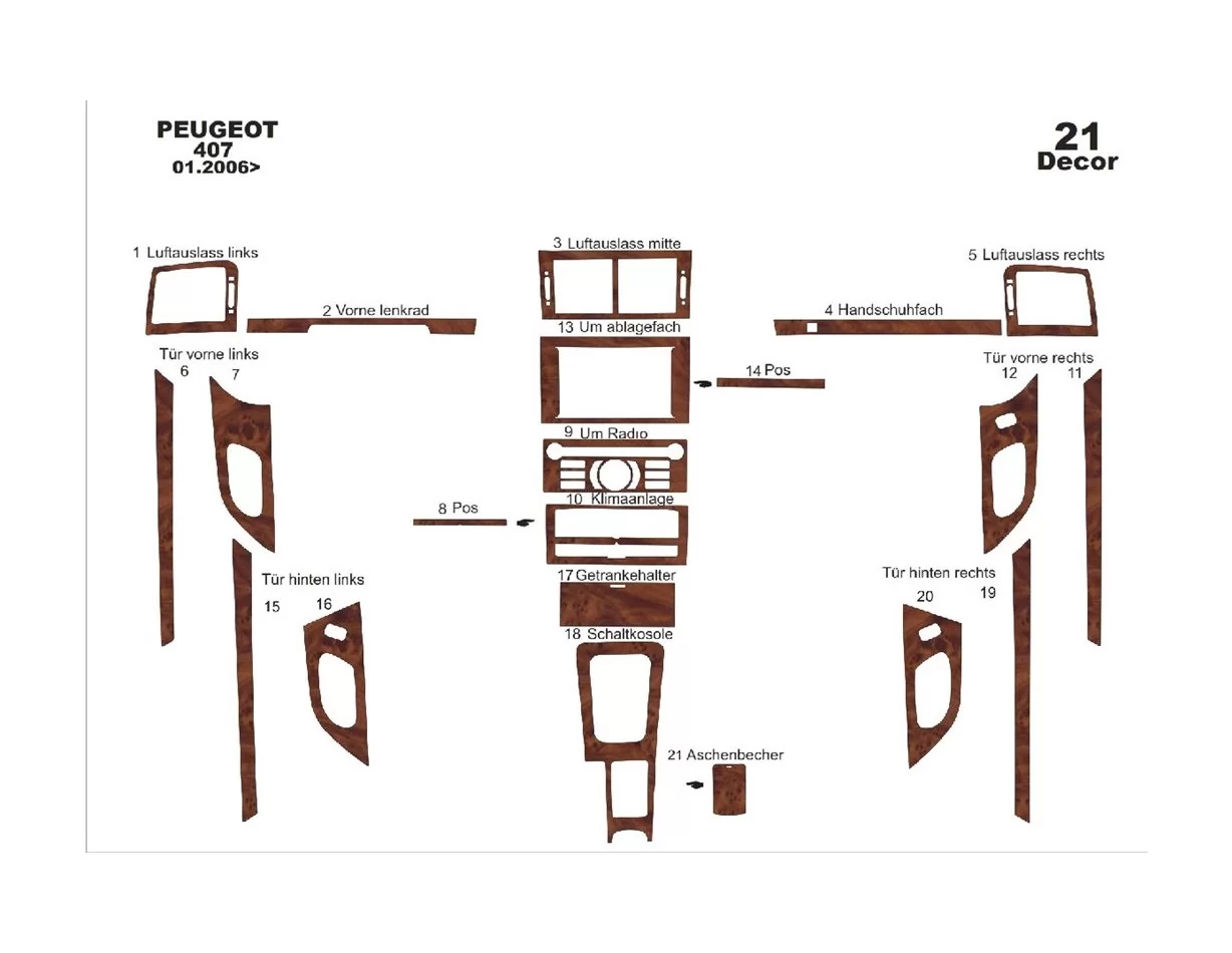 Peugeot 407 Doors 06.05-12.10 3D Interior Dashboard Trim Kit Dash Trim Dekor 21-Parts - 1 - Interior Dash Trim Kit
