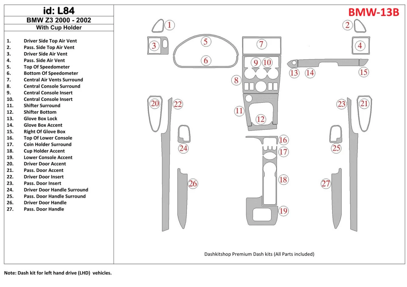 BMW Z3 2000-2003 With glass-holder Interior BD Dash Trim Kit - 1 - Interior Dash Trim Kit