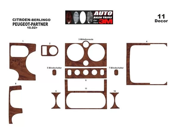 Peugeot Partner 10.02-07.08 3D Interior Dashboard Trim Kit Dash Trim Dekor 11-Parts