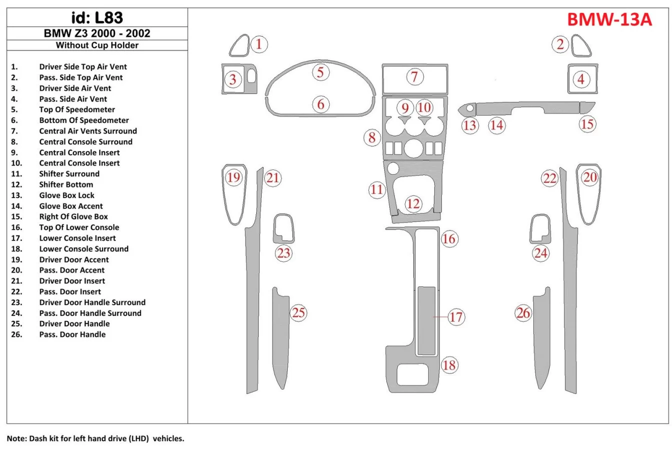 BMW Z3 2000-2003 Without glass-holder Interior BD Dash Trim Kit - 1 - Interior Dash Trim Kit