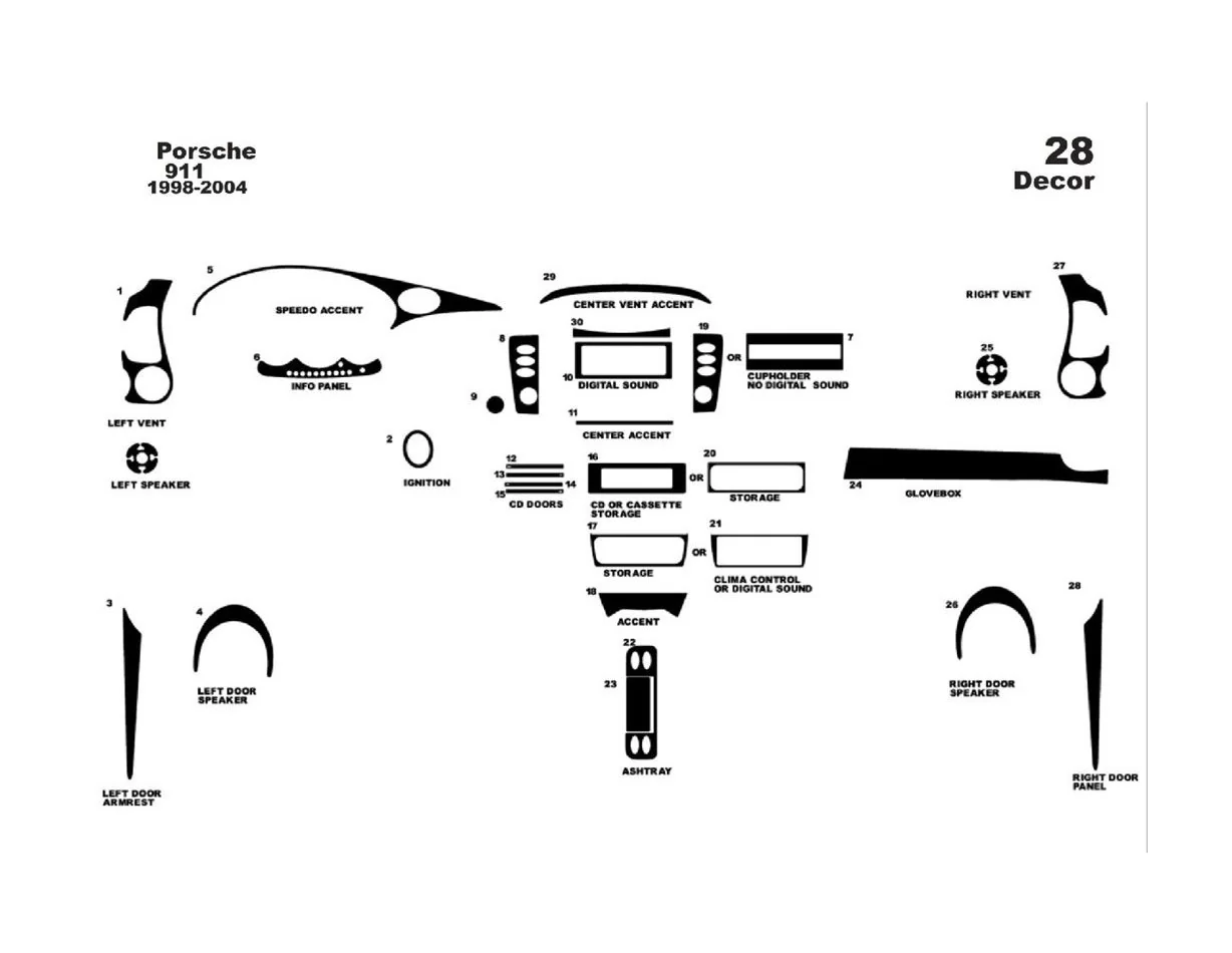 Porsche 911 1998-2004 3D Interior Dashboard Trim Kit Dash Trim Dekor 28-Parts - 1 - Interior Dash Trim Kit