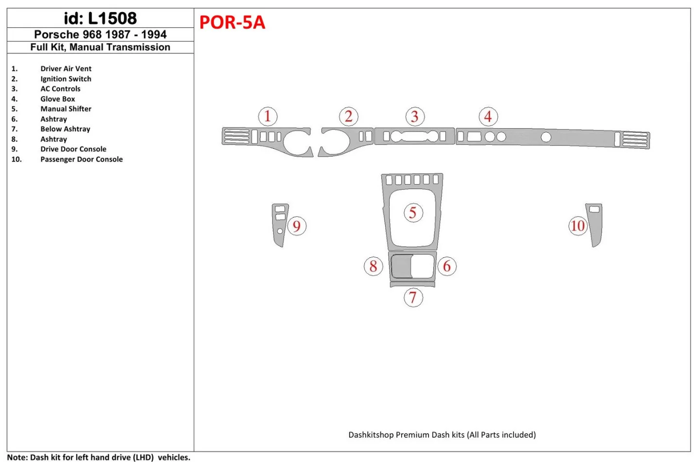 Porsche 944 1985-1994 Full Set Interior BD Dash Trim Kit - 1 - Interior Dash Trim Kit