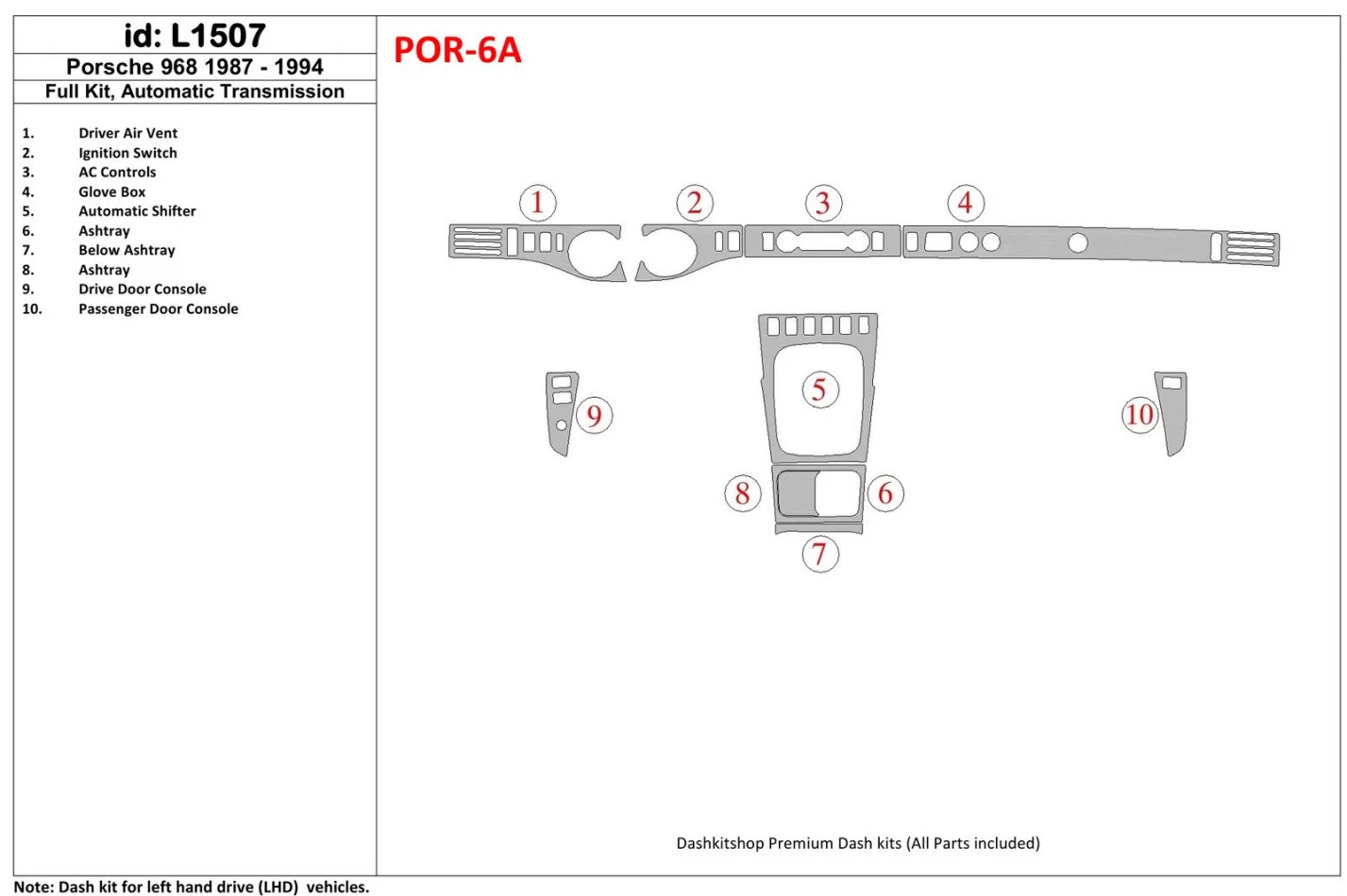Porsche 968 1987-1994 Full Set, Automatic Gear Interior BD Dash Trim Kit - 1 - Interior Dash Trim Kit