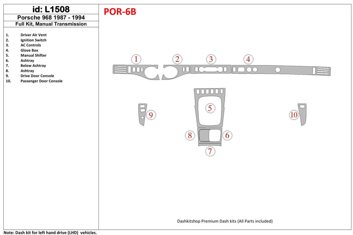 Porsche 968 1987-1994 Full Set, Manual Gear Box Interior BD Dash Trim Kit - 1 - Interior Dash Trim Kit