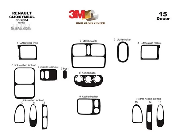 Renault Clio Symbol 06.04-09.08 3D Interior Dashboard Trim Kit Dash Trim Dekor 15-Parts