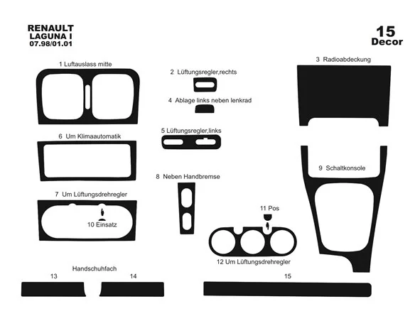Renault Laguna 07.98-01.01 3D Interior Dashboard Trim Kit Dash Trim Dekor 15-Parts