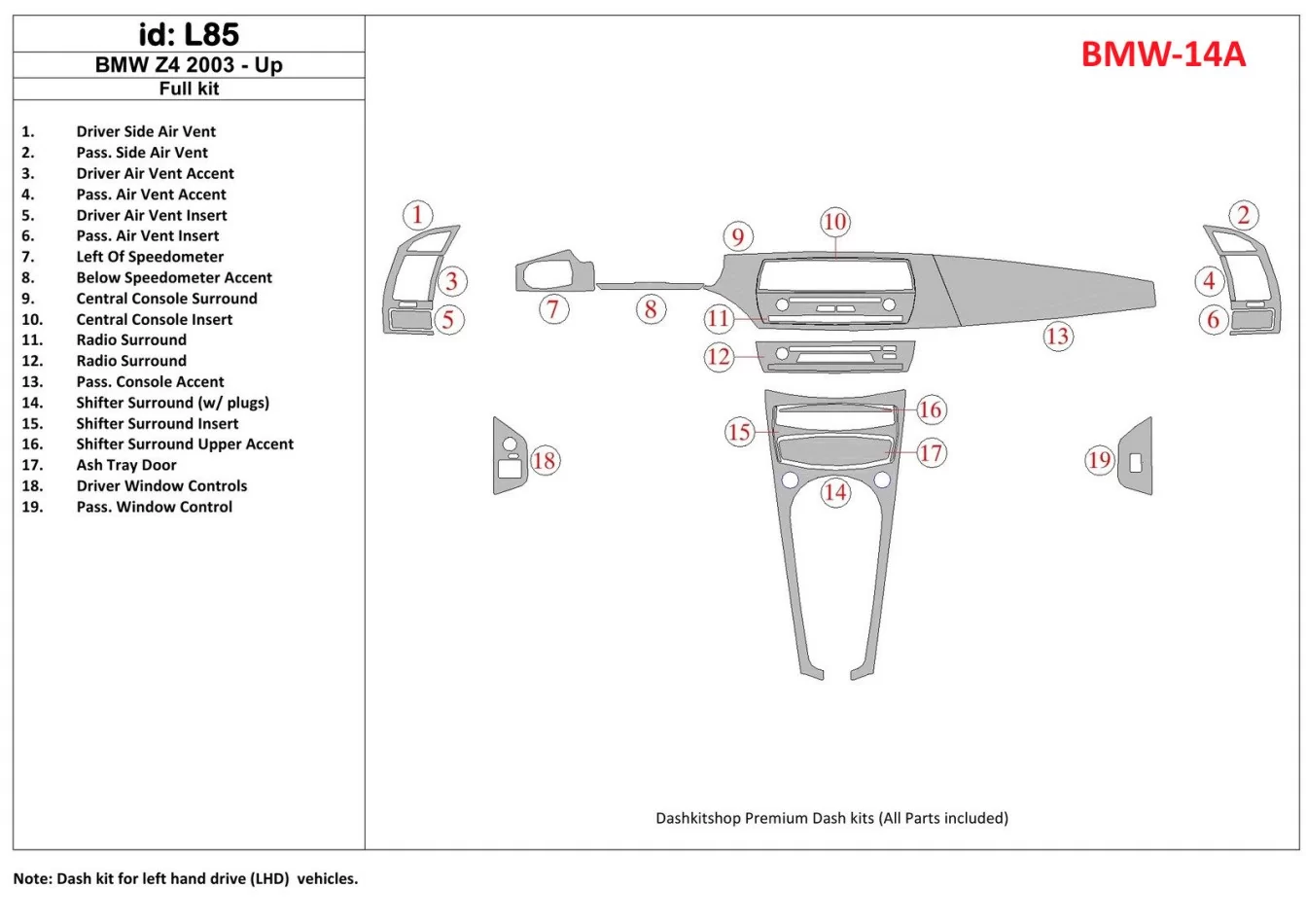 BMW Z4 2003-UP Full Set Interior BD Dash Trim Kit - 1 - Interior Dash Trim Kit