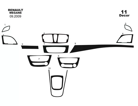 Renault Megane HB 06.2009 3D Interior Dashboard Trim Kit Dash Trim Dekor 11-Parts