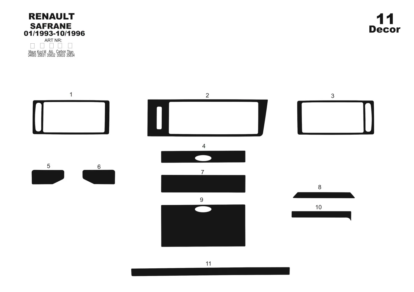 Renault Safrane 01.93-10.96 3D Interior Dashboard Trim Kit Dash Trim Dekor 11-Parts - 1 - Interior Dash Trim Kit