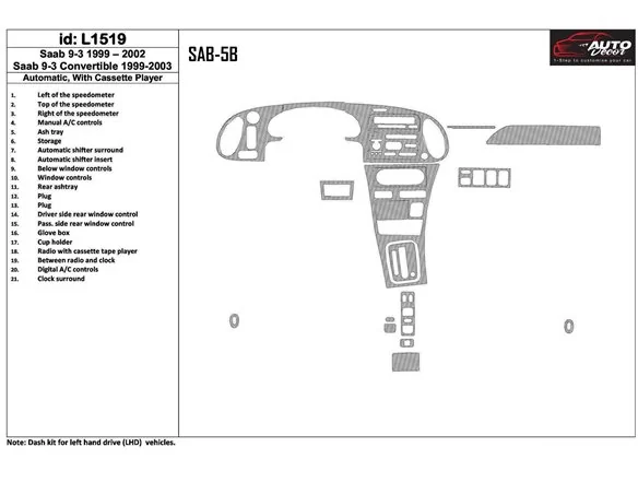 Saab 9-3 1999-2002 Automatic Gearbox, With Compact Casette player, Without OEM, 21 Parts set Interior BD Dash Trim Kit - 1 - Int