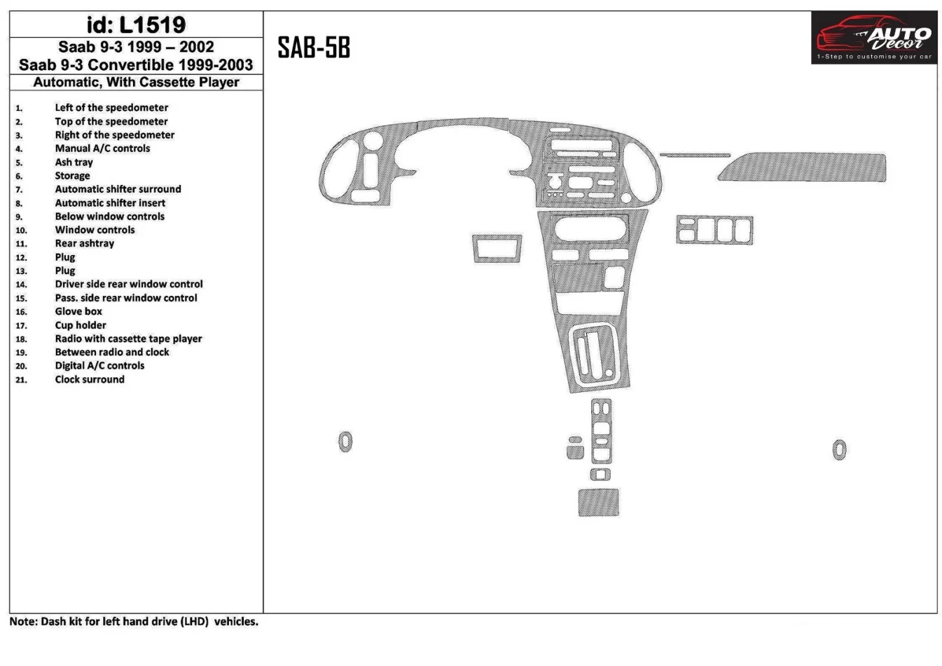 Saab 9-3 1999-2002 Automatic Gearbox, With Compact Casette player, Without OEM, 21 Parts set Interior BD Dash Trim Kit - 1 - Int