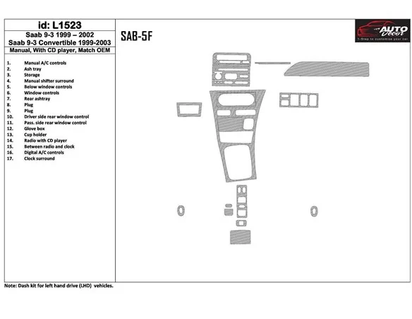 Saab 9-3 1999-2002 Manual Gearbox, With CD Player, OEM Compliance, 17 Parts set Interior BD Dash Trim Kit - 1 - Interior Dash Tr
