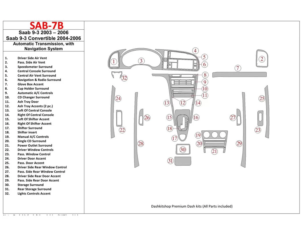 Saab 9-3 2003-2006 Automatic Gear, With NAVI system Interior BD Dash Trim Kit - 1 - Interior Dash Trim Kit