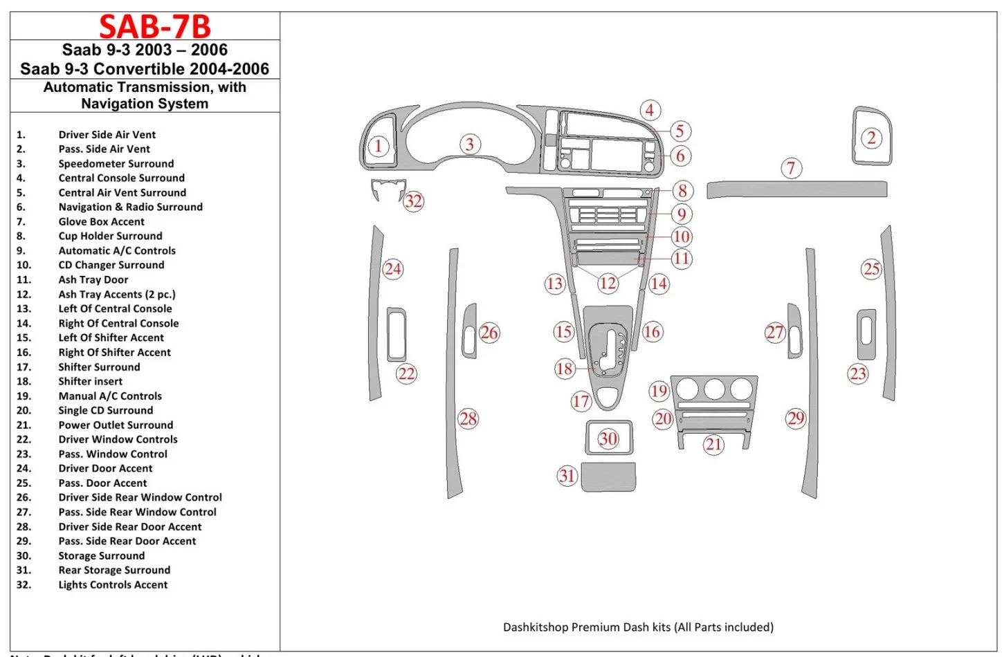 Saab 9-3 2003-2006 Automatic Gear, With NAVI system Interior BD Dash Trim Kit - 1 - Interior Dash Trim Kit