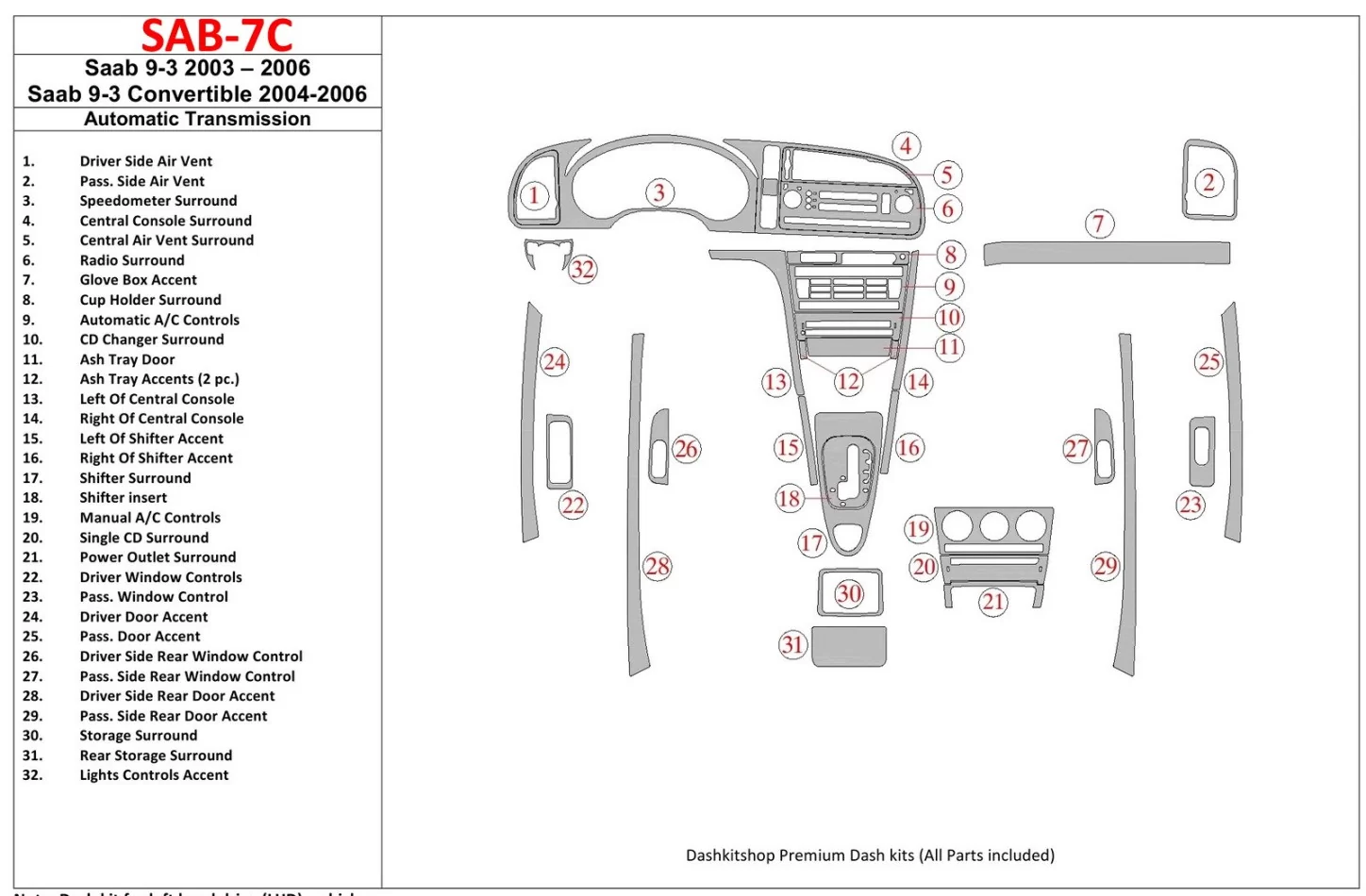 Saab 9-3 2003-2006 Automatic Gear, Without Infotainment Center Interior BD Dash Trim Kit - 1 - Interior Dash Trim Kit