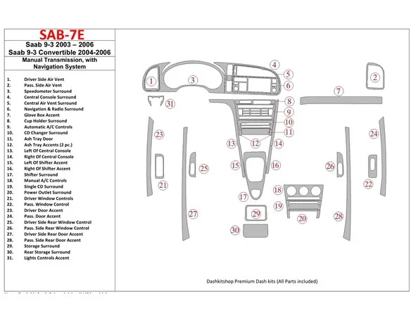 Saab 9-3 2003-2006 Manual Gear Box, With NAVI Interior BD Dash Trim Kit - 1 - Interior Dash Trim Kit