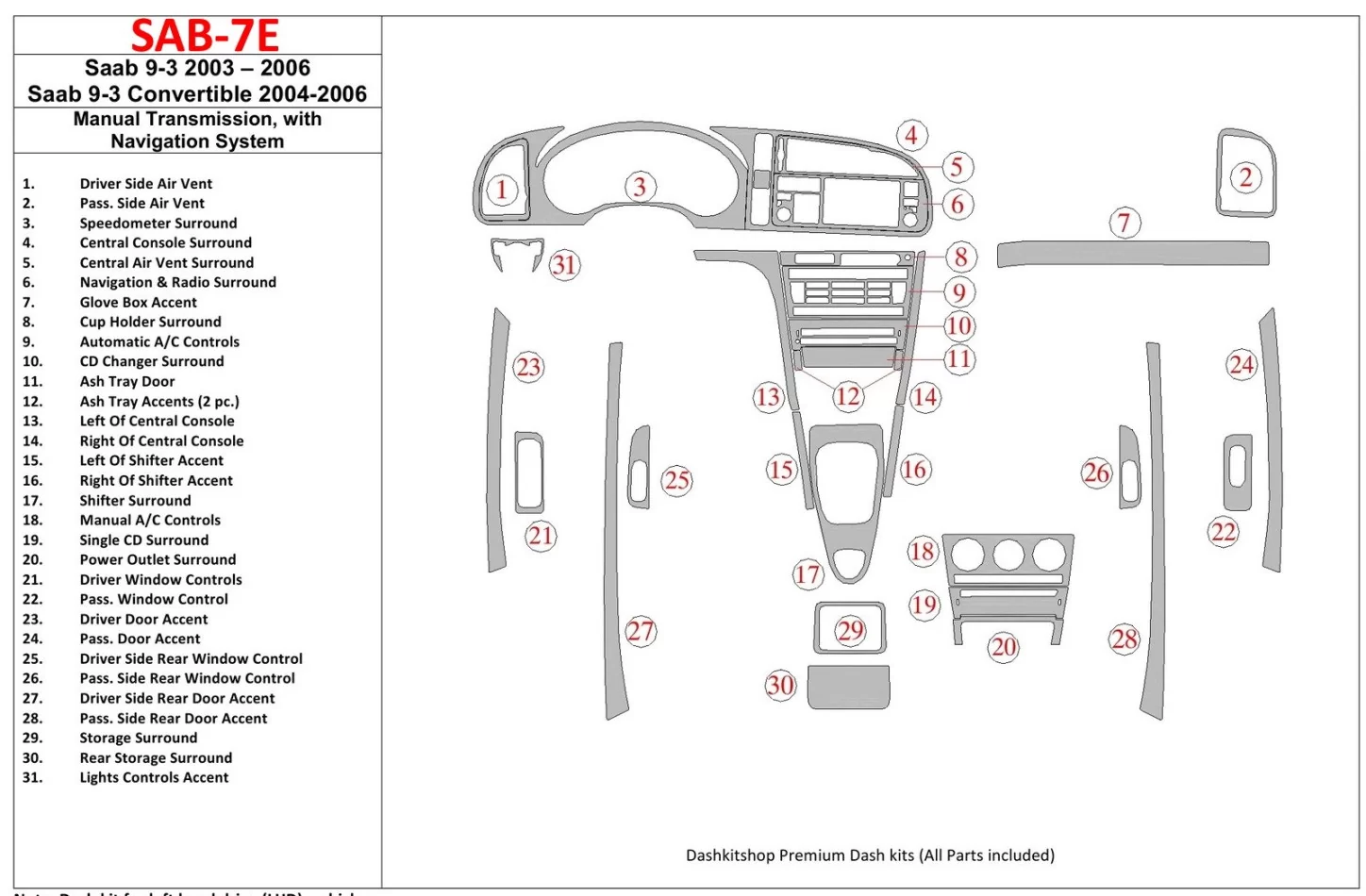 Saab 9-3 2003-2006 Manual Gear Box, With NAVI Interior BD Dash Trim Kit - 1 - Interior Dash Trim Kit
