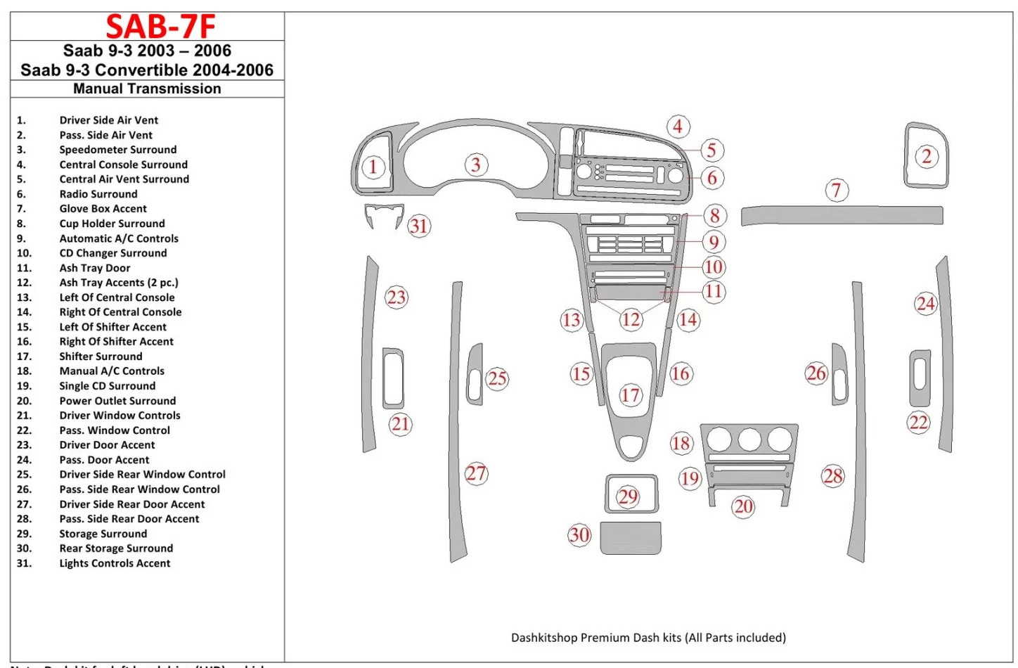 Saab 9-3 2003-2006 Manual Gear Box, Without Infotainment Center Interior BD Dash Trim Kit - 1 - Interior Dash Trim Kit