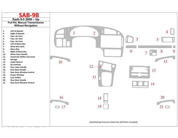 Saab 9-5 2006-UP Full Set, Manual Gear Box, Without NAVI Interior BD Dash Trim Kit - 1 - Interior Dash Trim Kit