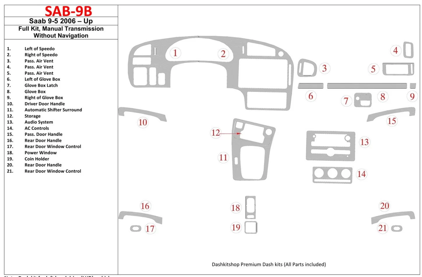Saab 9-5 2006-UP Full Set, Manual Gear Box, Without NAVI Interior BD Dash Trim Kit - 1 - Interior Dash Trim Kit