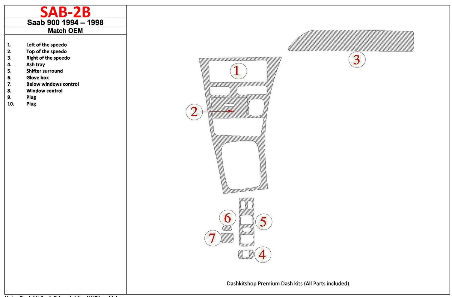 Saab 900 1994-1998 OEM Compliance, 7 Parts set Interior BD Dash Trim Kit - 1 - Interior Dash Trim Kit
