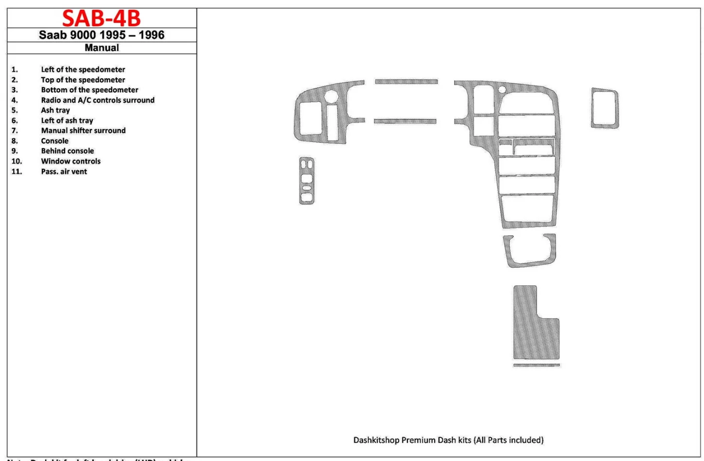 Saab 9000 1995-1996 Manual Gearbox, 11 Parts set Interior BD Dash Trim Kit - 1 - Interior Dash Trim Kit