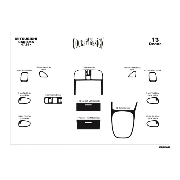 Mitsubishi Carisma 07.99-12.04 3D Interior Dashboard Trim Kit Dash Trim Dekor 13-Parts