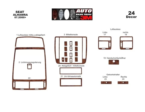 Seat Alhambra 07.00-12.09 3D Interior Dashboard Trim Kit Dash Trim Dekor 24-Parts