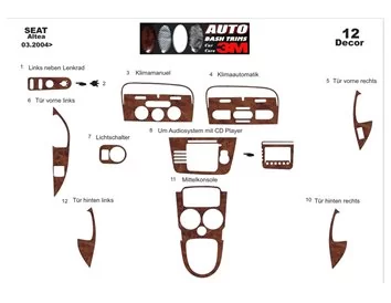 Seat Altea-Toledo 04.04-12.08 3D Interior Dashboard Trim Kit Dash Trim Dekor 12-Parts