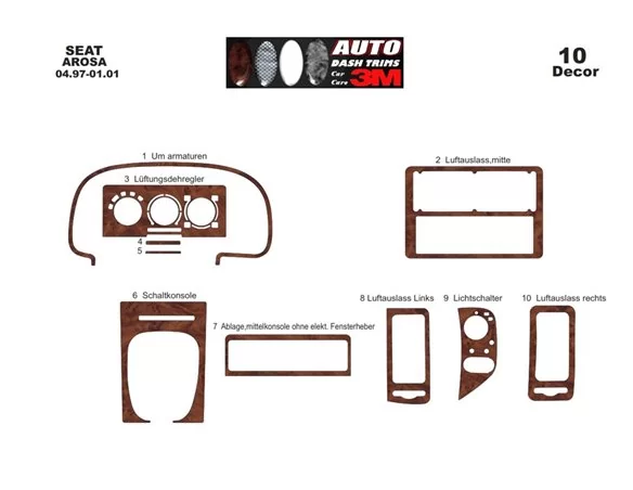 Seat Arosa 04.97-01.01 3D Interior Dashboard Trim Kit Dash Trim Dekor 10-Parts