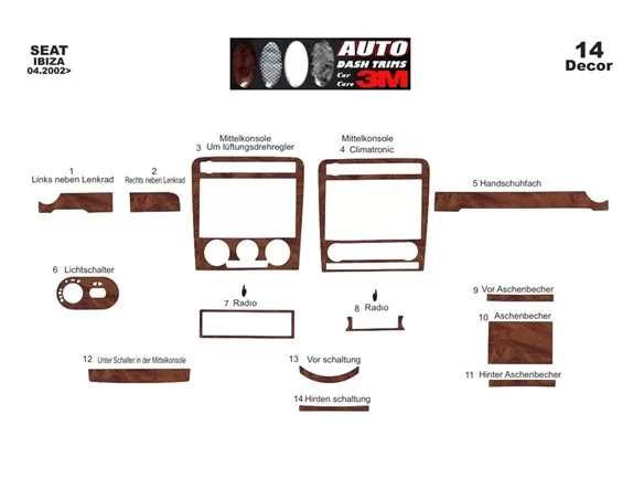 Seat Ibiza-Cordoba 04.02-12.07 3D Interior Dashboard Trim Kit Dash Trim Dekor 14-Parts