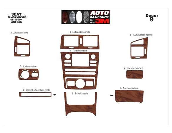 Seat Ibiza-Cordoba 08.99-03.02 3D Interior Dashboard Trim Kit Dash Trim Dekor 9-Parts